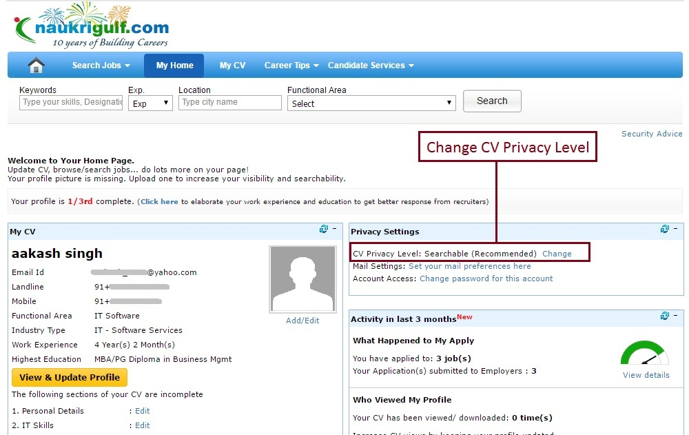how do i make my naukrigulf profile private