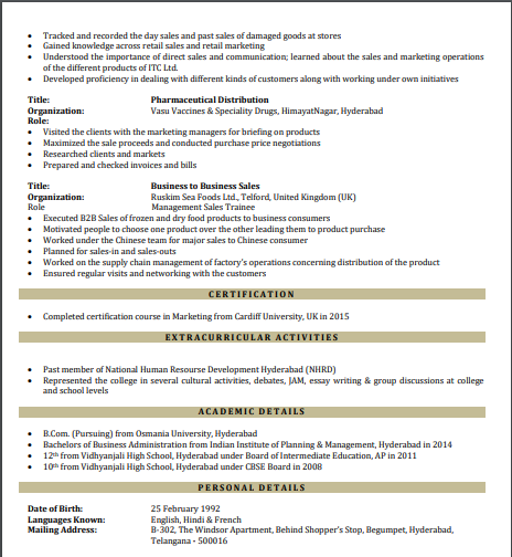 resume sample hotel and restaurant management   4