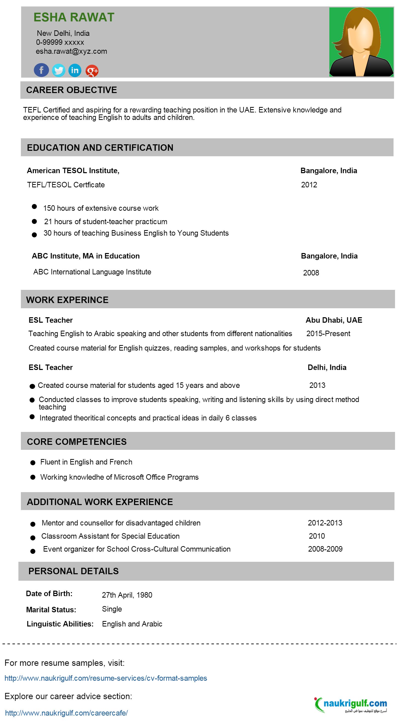 Write english teaching resume